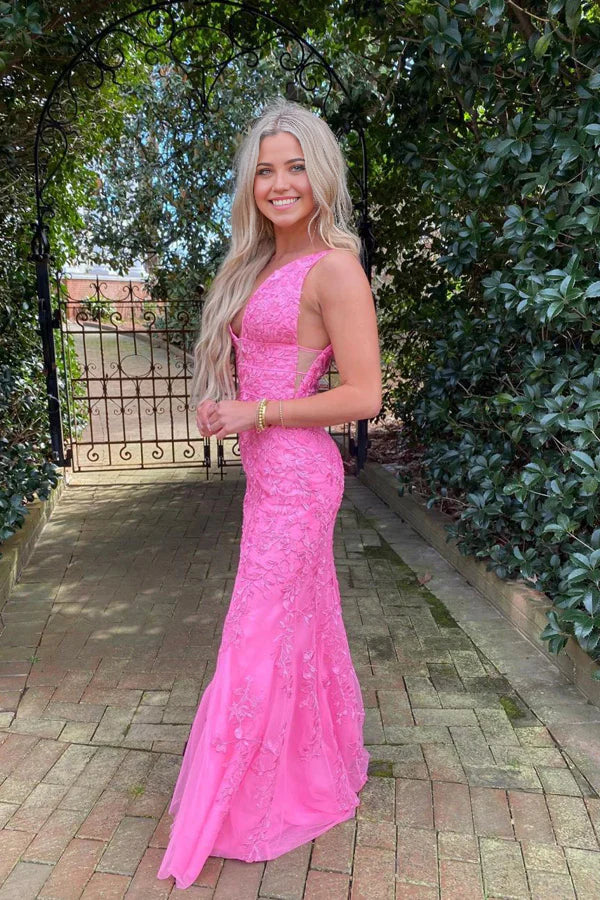 Vestido de fiesta de sirena con escote en V profundo y apliques